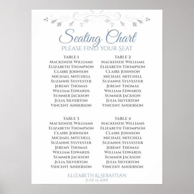 Blue & Gray Simple 4 Table Wedding Seating Chart (Front)