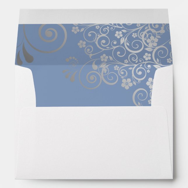 Blue & Gray Simple Elegant Filigree Wedding Envelope (Back (Bottom))