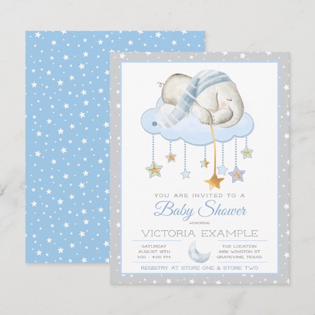 Blue Gray Sleepy Elephant Baby Shower Invitations (Front/Back)