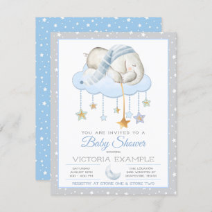 Blue Gray Sleepy Elephant Baby Shower Invitations