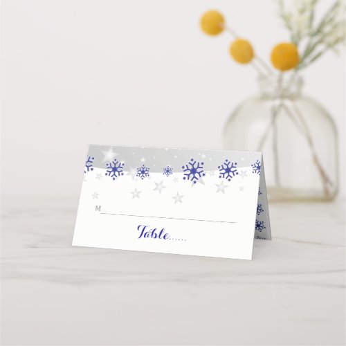 Blue gray snowflake winter wedding folded escort place card