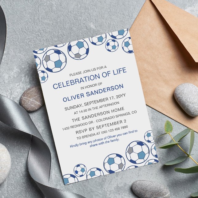 Blue Gray Soccer Ball Celebration of Life Invitation (Creator Uploaded)