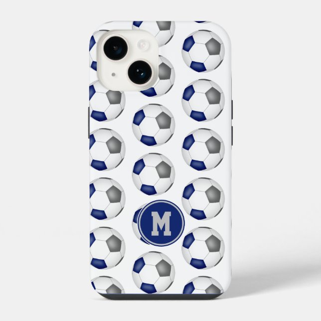 blue gray soccer balls pattern monogrammed iphone case (Back)