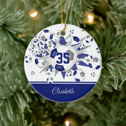 Blue gray soccer balls stars keepsake  ceramic ornament