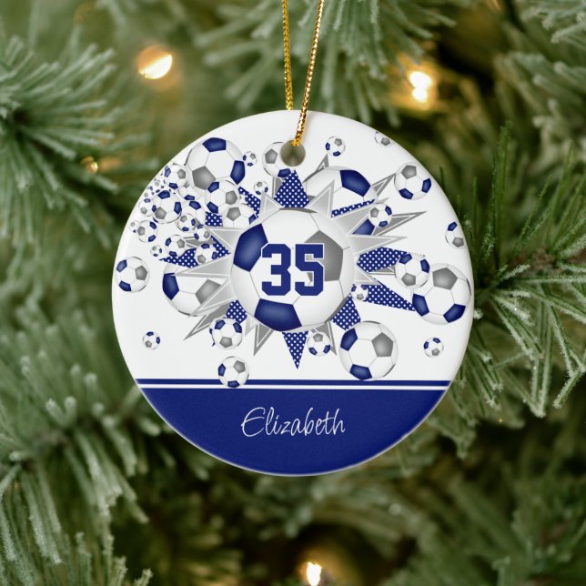 Blue gray soccer balls stars keepsake  ceramic ornament (Tree)