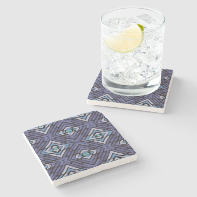 Blue Gray Southwestern Diamond Pattern Stone Coaster (Side)