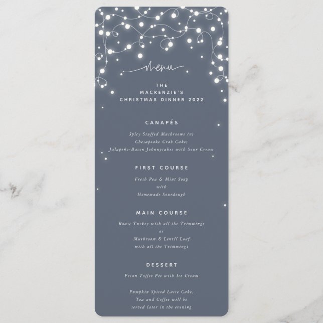 Blue-Gray Sparkling Lights Christmas Flat 4 Course Menu (Front)