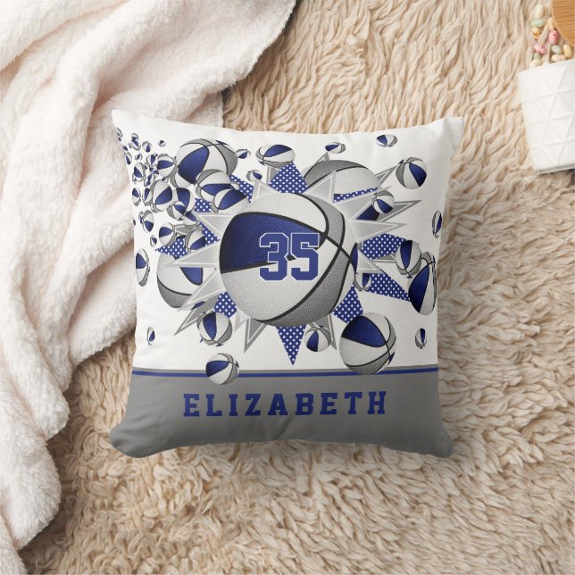 blue gray sports room girls basketballs stars throw pillow (Blanket)