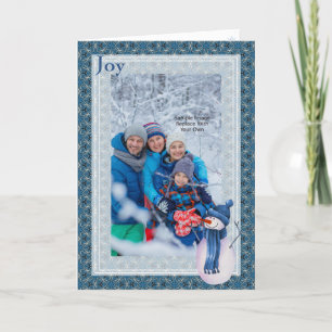 Blue Gray Star Pattern And Snowman Christmas Holiday Card