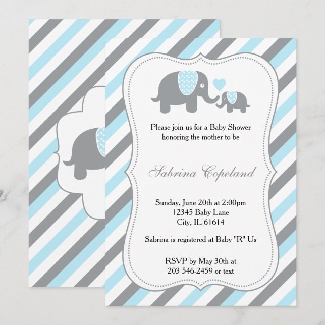 Blue & Gray Stripe Elephant Baby Shower Invitation (Front/Back)