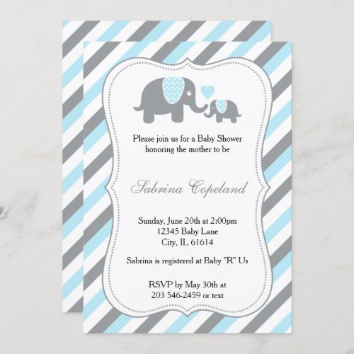 Blue  Gray Stripe Elephant Baby Shower Invitation