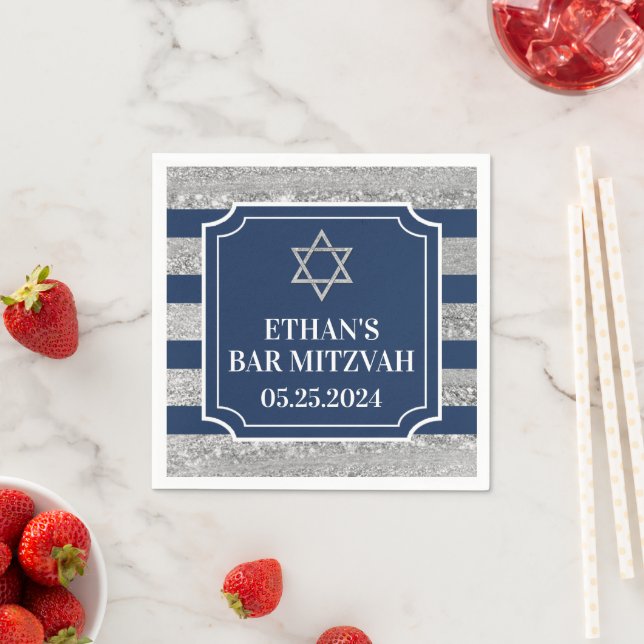 Blue, Gray Striped Bar Mitzvah Napkins (Insitu)