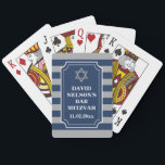 Blue, Gray Striped Bar Mitzvah Playing Cards<br><div class="desc">Personalize this blue and grey striped Bar Mitzvah deck of playing cards with your name and date of your Bar Mitzvah. It has a REMOVEABLE grunge gray Star of David at the top of the ticket-shaped text area with bold white lettering.</div>