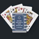 Blue, Gray Striped Bar Mitzvah Playing Cards<br><div class="desc">Personalize this blue and grey striped Bar Mitzvah deck of playing cards with your name and date of your Bar Mitzvah. It has a REMOVEABLE grunge gray Star of David at the top of the ticket-shaped text area with bold white lettering.</div>