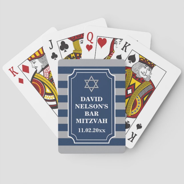 Blue, Gray Striped Bar Mitzvah Playing Cards (Back)