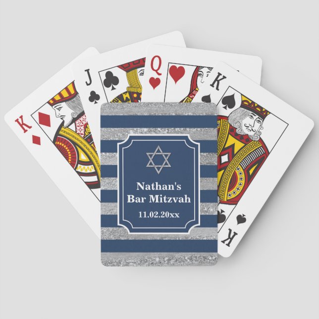 Blue, Gray Striped Bar Mitzvah Playing Cards (Back)