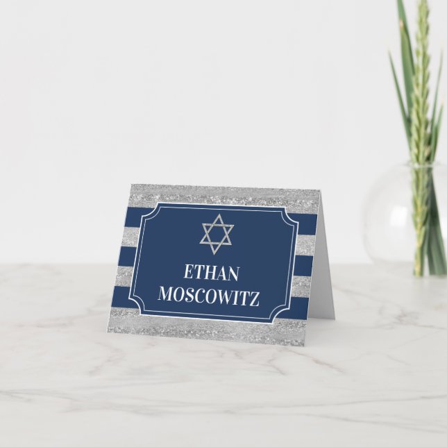 Blue, Gray Striped Bar Mitzvah Thank You Card (Front)