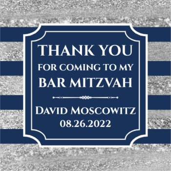 Blue  Gray Striped Bar Mitzvah Thank You Sticker by NiteOwlStudio at Zazzle