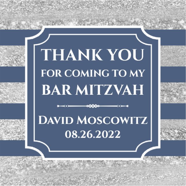 Blue, Gray Striped Bar Mitzvah Thank You Sticker (Front)
