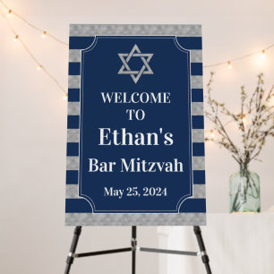Blue, Gray Striped Bar Mitzvah Welcome Sign
