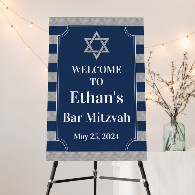 Blue, Gray Striped Bar Mitzvah Welcome Sign (In Situ (Stand))