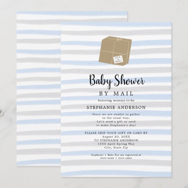 Blue Gray Stripes Boy Baby Shower by mail Invitation (Front/Back)