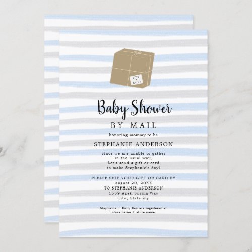 Blue Gray Stripes Boy Baby Shower by mail Invitation