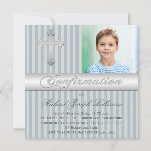 Blue Gray Stripes Confirmation Photo Invitation