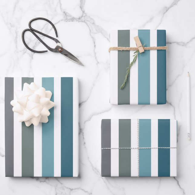 Blue Gray Stripes Wrapping Paper Sheets (Front)