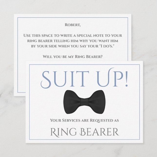 Blue & Gray Suit Up Be My Ring Bearer Fun Bow Tie Card (Front/Back)