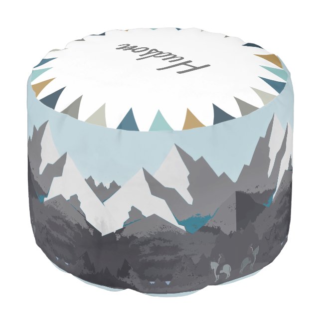 Blue Gray Tan Mountain Cowboy On Horse Pouf (Angled Front)
