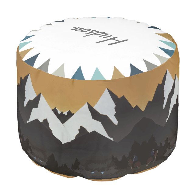 Blue Gray Tan Mountain Cowboy On Horse Pouf (Angled Front)