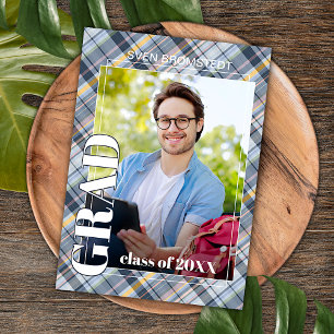 Blue Gray Tartan Plaid Graduation Announcement