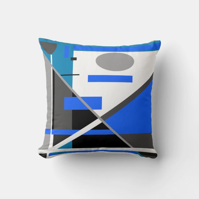 Blue Gray Teal Black White Geometric Abstract Art Throw Pillow (Front)