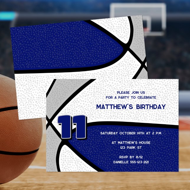 blue gray team colors basketball birthday invitation (front & back views)