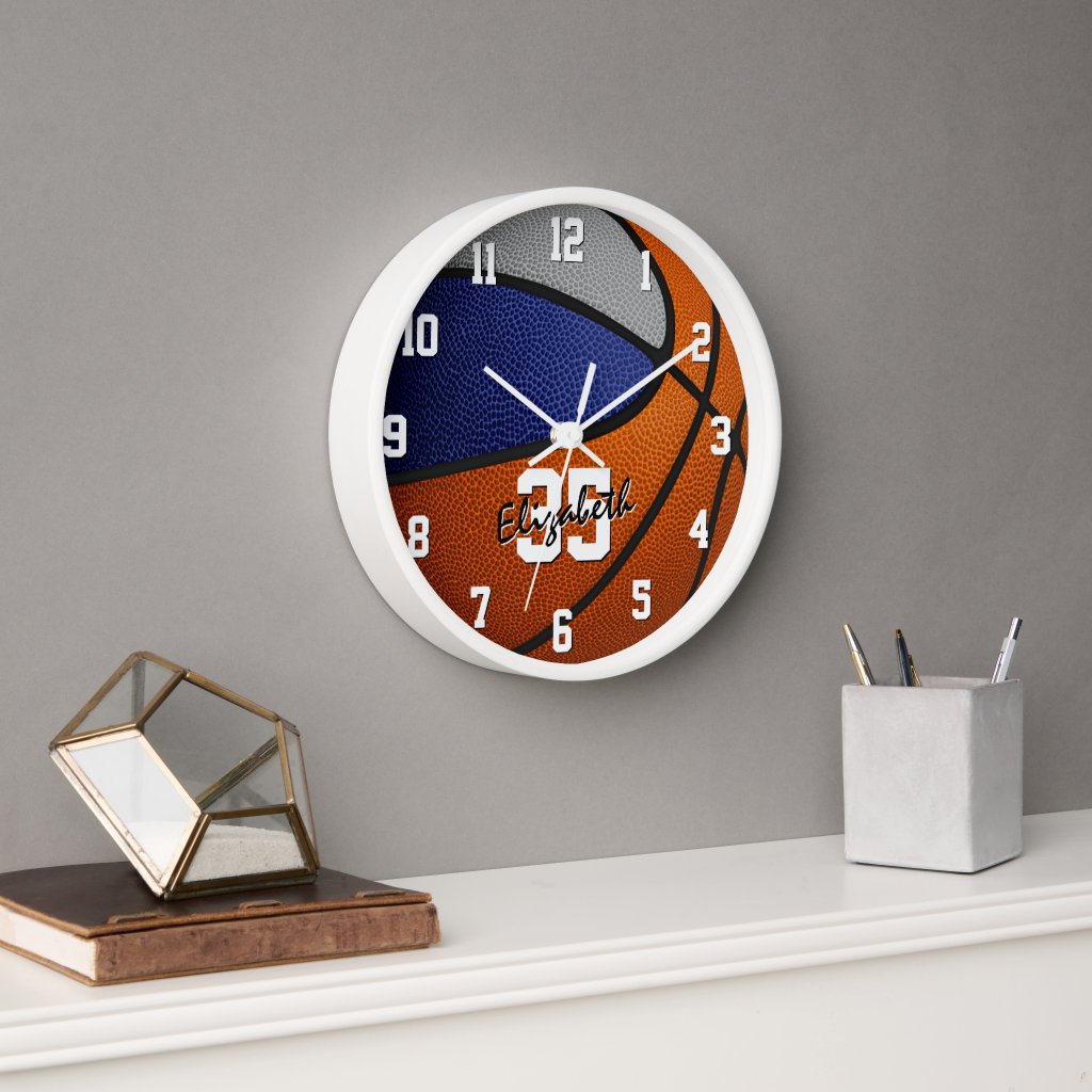 blue gray team colors basketball personalized wall clock