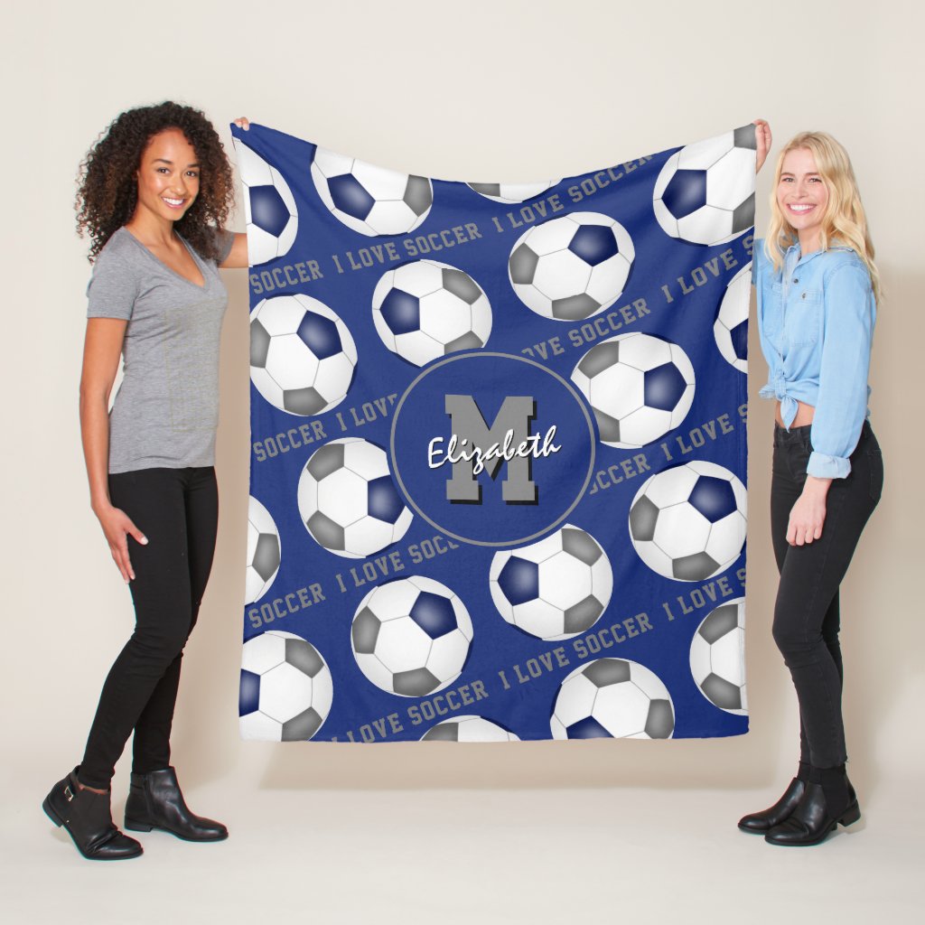 blue gray team colors I love soccer text pattern fleece blanket