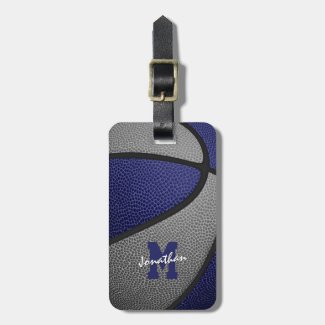 blue gray team colors monogrammed basketball luggage tag