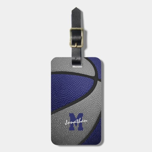 blue gray team colors monogrammed basketball luggage tag