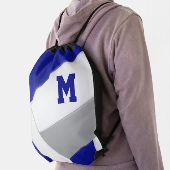 blue gray team colors monogrammed volleyball drawstring bag