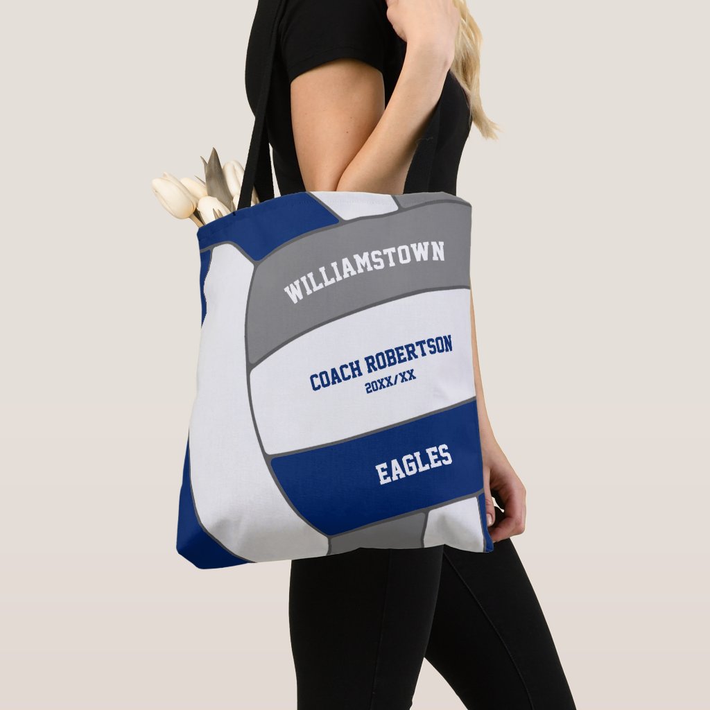blue gray team colors volleyball athlete coach tote bag
