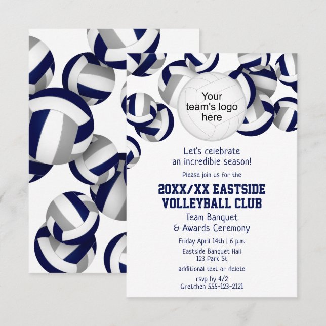 blue gray team colors volleyball season banquet invitation (Front/Back)