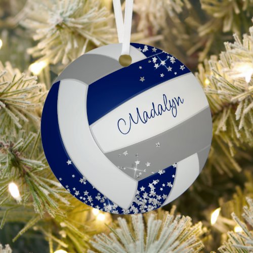 blue gray team colors volleyball w silver stars metal ornament