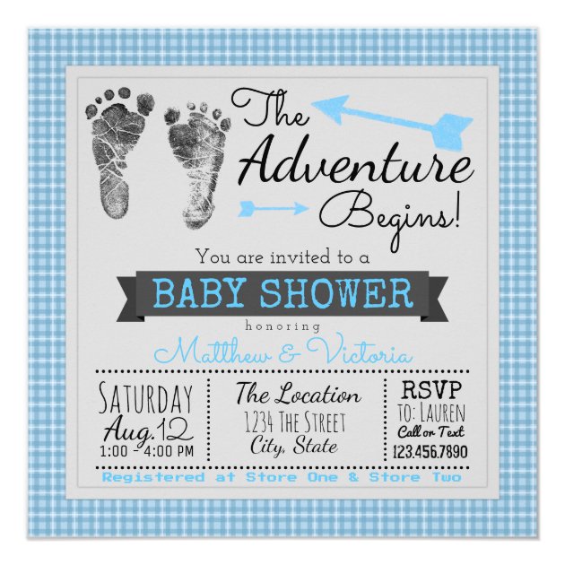 Blue Gray The Adventure Begins Boy Baby Shower Invitation