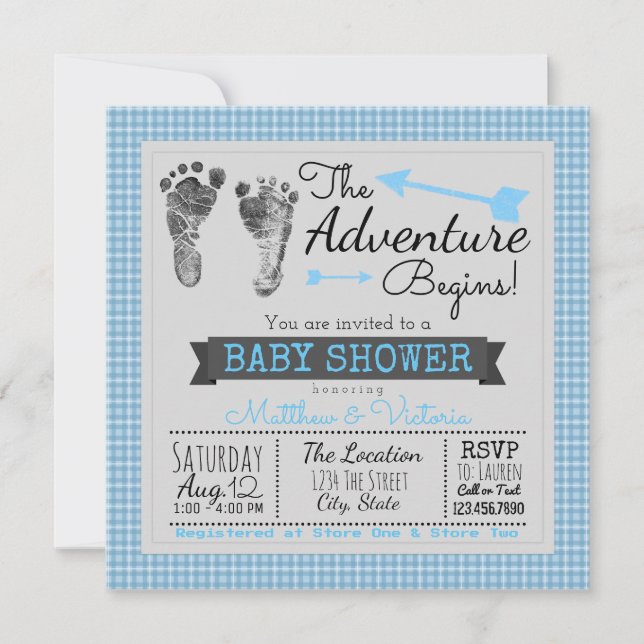 Blue Gray The Adventure Begins Boy Baby Shower Invitation (Front)