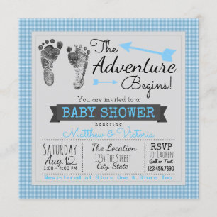 Blue Gray The Adventure Begins Boy Baby Shower Invitation