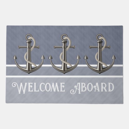 Blue Gray Tri_Toned Pinstriped Anchor Doormat