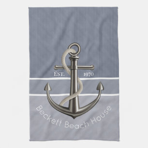 Blue Gray Tri-Toned Pinstriped Anchor Kitchen Towel