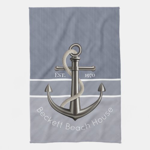 Blue Gray Tri_Toned Pinstriped Anchor Kitchen Towel