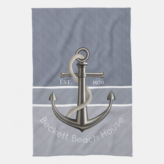 Blue Gray Tri-Toned Pinstriped Anchor Kitchen Towel (Vertical)